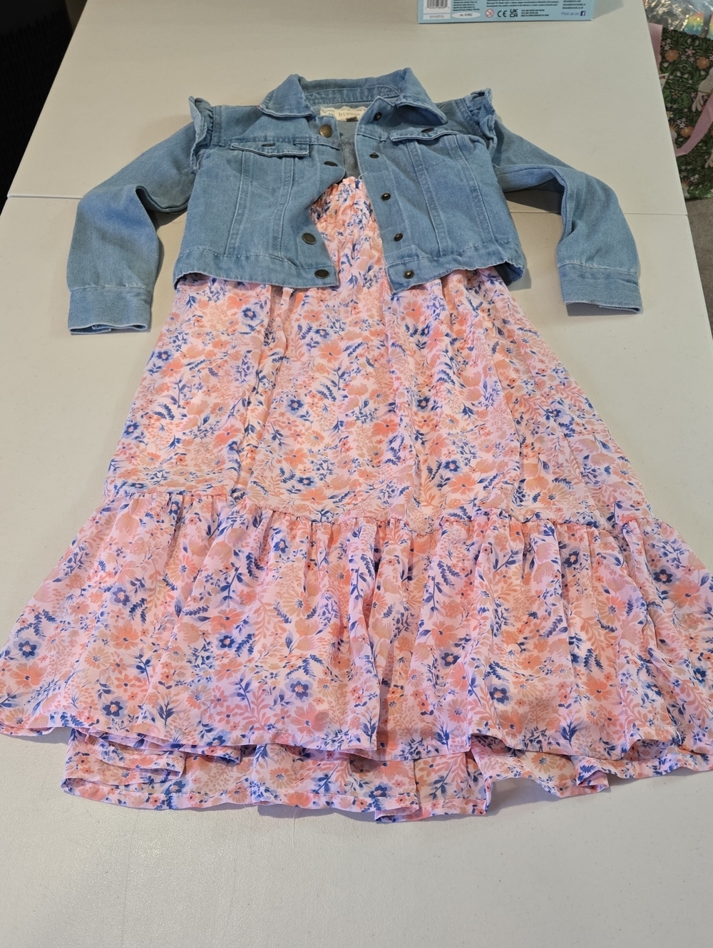 btween Brand Girls Pink Floral Dress with Light Blue Denim Jacket